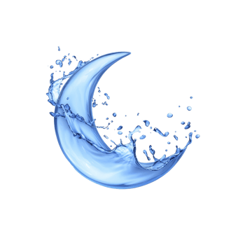 Crescent moon shape made of splashing blue water creates dynamic and refreshing visual. fluid motion and vibrant color evoke sense of tranquility and energy png