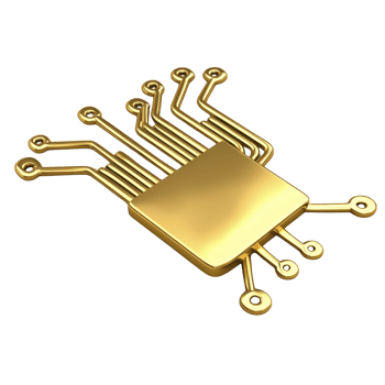 Golden microchip with intricate circuit lines symbolizes advanced technology and innovation. shiny metallic finish adds futuristic and sophisticated touch png
