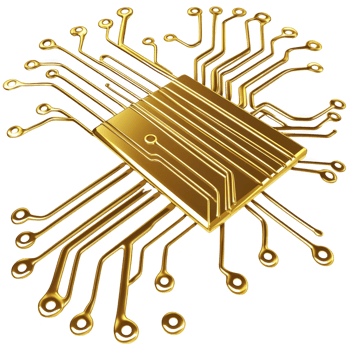 Golden microchip with intricate circuit lines extending outward symbolizes advanced technology and innovation. shiny metallic finish adds futuristic and sophisticated touch png