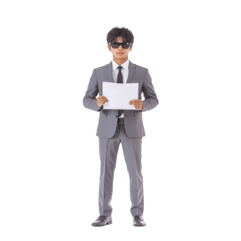 Man in gray suit and sunglasses stands confidently holding blank sheet of paper, isolated on transparency background. formal attire and serious expression suggest professionalism png