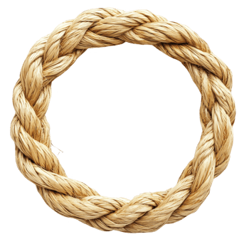 Circular braided rope made of natural fibers forms rustic wreath, showcasing intricate weaving and natural texture. This decorative piece is perfect for adding touch of nature to any setting png
