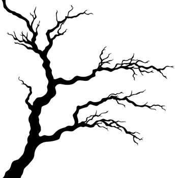 Silhouette of bare tree branch with intricate, twisting limbs against plain background. png