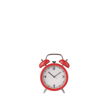Red vintage alarm clock with classic design and two bells on top, displaying time against transparency background. clock retro style evokes sense of nostalgia png