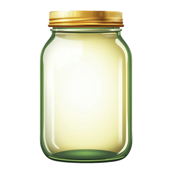 Clear glass jar with golden metal lid is shown, perfect for storing food or crafting. jar is empty, highlighting its transparency and simplicity png
