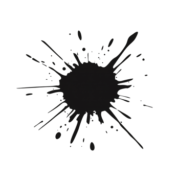 Black ink splatter with irregular edges and droplets radiating outward on transparency background, creating dynamic and artistic effect png