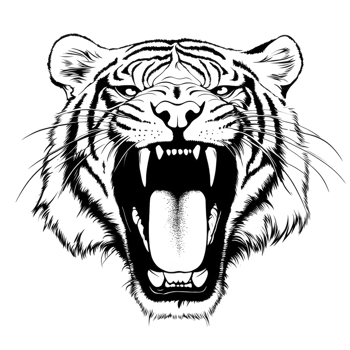 Fierce tiger illustration with open mouth, showcasing its sharp teeth and detailed fur pattern. black and white design emphasizes tiger powerful expression and intricate line work png