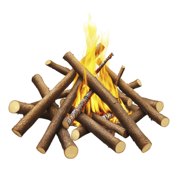 Campfire with burning logs emits bright flames, creating warm and inviting atmosphere. arrangement of wooden logs allows for optimal airflow, enhancing fire intensity png