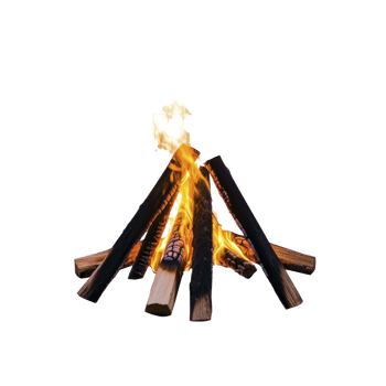 Campfire with bright flames and wooden logs arranged in teepee shape, creating warm and inviting atmosphere. Perfect for outdoor gatherings and camping adventures png
