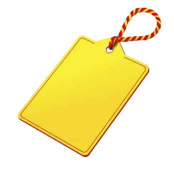 Bright yellow blank tag with red border and striped string for hanging, perfect for labeling or gift wrapping. tag vibrant colors make it eye catching and versatile for various uses png