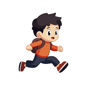Cartoon boy with backpack is running energetically, wearing orange shirt and blue pants. illustration is colorful and dynamic, capturing sense of movement and excitement png