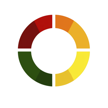 Circular infographic with four colored segments red, orange, green, and yellow, representing different data categories or progress levels. design is simple and modern png