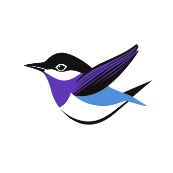 Stylized bird illustration features bold colors and clean lines, creating modern and artistic design. bird wings are depicted in shades of purple and blue, adding vibrant touch png