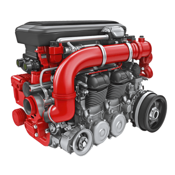 Detailed illustration of red and silver car engine with visible components like pistons, pipes, and belts, showcasing mechanical complexity and engineering precision png