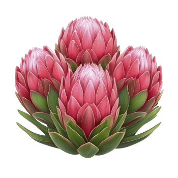 Three vibrant pink protea flowers with lush green leaves create stunning floral arrangement, showcasing their unique petal structure and natural beauty png