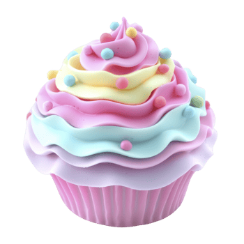 Colorful cupcake with pastel frosting swirls and decorative sprinkles creates whimsical and delightful appearance. soft hues of pink, blue, and yellow add playful touch png