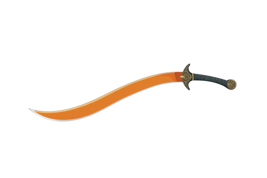 Ornate scimitar with curved blade and detailed hilt design, featuring vibrant orange color. sword elegant shape and intricate craftsmanship evoke sense of historical allure png