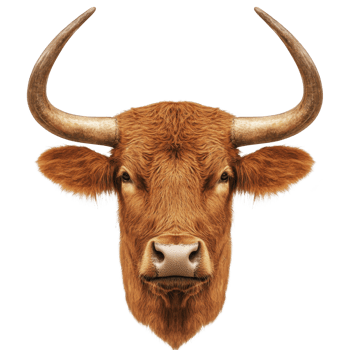 Realistic illustration of brown bull head with large curved horns and detailed fur texture, isolated on transparency background. bull expression is calm and strong png