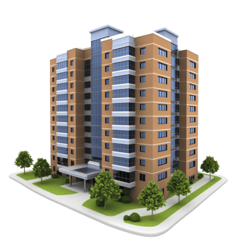 Modern, multi story apartment building with sleek design, featuring large windows and landscaped entrance surrounded by trees, creating inviting atmosphere png