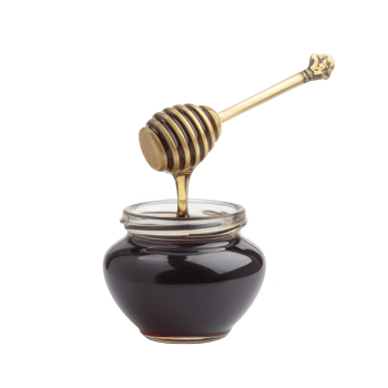 Jar of dark honey with wooden dipper dripping honey into it, creating sweet and inviting scene. honey rich color and smooth texture are highlighted against plain background png