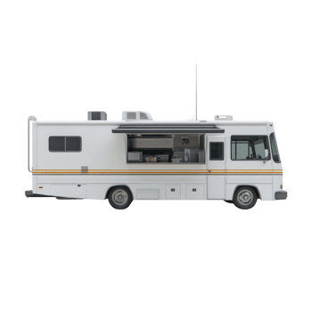 White food truck with side window open, showcasing modern kitchen setup inside. vehicle is equipped with antenna and air conditioning unit on roof, ready for mobile food service png