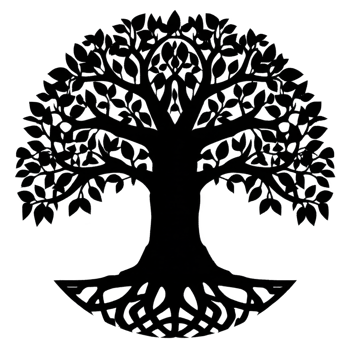Silhouette of tree with intricate branches and roots, symbolizing growth and connection. design is symmetrical and artistic, often used in decorative or symbolic contexts png