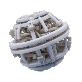 Spherical abstract sculpture composed of interwoven white and beige geometric shapes, resembling complex architectural model. intricate design creates sense of modernity and innovation png