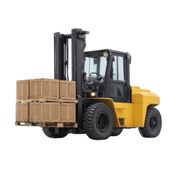 Yellow forklift carrying stacked cardboard boxes its forks, isolated transparency background. industrial vehicle is used for lifting and transporting heavy loads warehouses and construction sites png