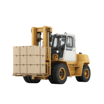 Yellow forklift carrying large stack of cardboard boxes, showcasing industrial strength and efficiency. vehicle is positioned on transparency background, highlighting its robust design png