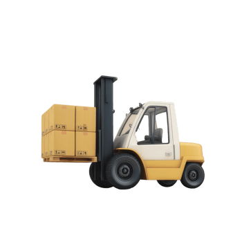 Yellow and white forklift is lifting several stacked cardboard boxes, showcasing industrial equipment used for material handling and logistics png