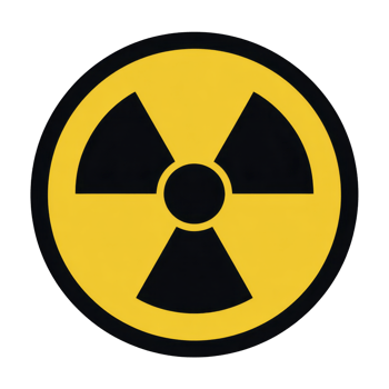 Yellow and black radiation warning symbol, indicating presence of radioactive materials or radiation hazards. symbol consists of central circle with three triangular shapes pointing outward png