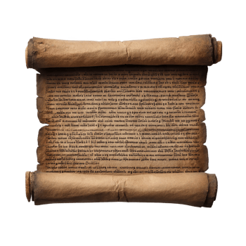 Aged parchment scroll with ancient text, showcasing historical writing. scroll is unrolled, revealing detailed script, evoking sense of mystery and antiquity png