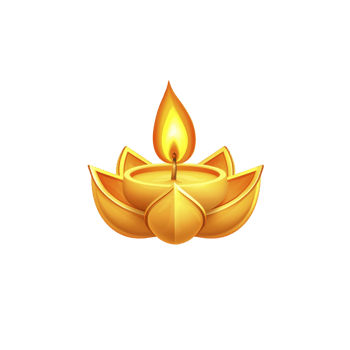 Glowing golden diya lamp with bright flame, symbolizing light and warmth, often used in festive celebrations and spiritual rituals. lamp is designed with petal like structures png