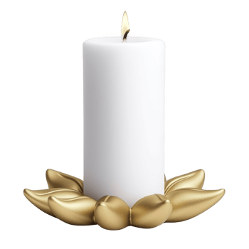 White pillar candle sits elegantly on golden lotus shaped holder, creating serene and luxurious ambiance. soft glow of flame adds warmth and tranquility to setting png