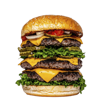 Towering double cheeseburger with layers of juicy beef patties, melted cheese, fresh lettuce, pickles, onions, and ketchup, all sandwiched between sesame seed bun png