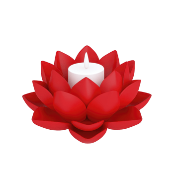 Red lotus shaped candle holder with white candle creates serene and elegant atmosphere, perfect for meditation or decoration. vibrant petals enhance calming ambiance png