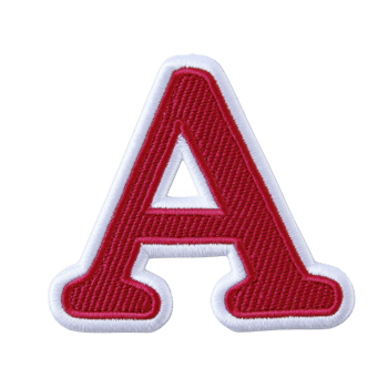 Red embroidered letter patch with white border, often used for clothing or accessories, stands out against plain background. bold design is eye catching and versatile png