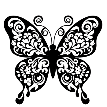 Intricate black butterfly silhouette with ornate, swirling patterns on its wings, creating elegant and artistic design. symmetrical details add touch of sophistication png