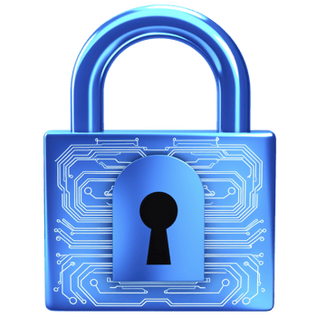 Blue digital padlock with circuit patterns symbolizes cybersecurity and data protection. lock metallic finish and intricate design convey security and technology png