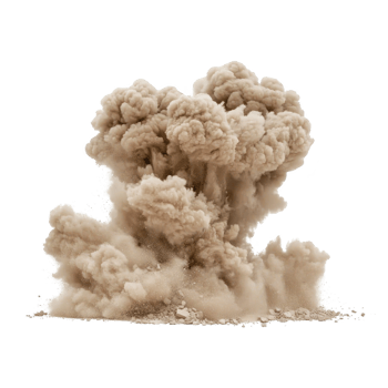 Dramatic explosion with billowing smoke and debris creates powerful visual impact. cloud of dust and particles rises energetically, suggesting dynamic and intense event png