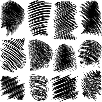 A collection of grunge textures. Square shapes filled with dense scribbles and hatching, adding dynamic texture to artistic backgrounds and overlays. vector