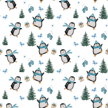 Christmas Penguins Seamless Pattern Cute Winter Holiday Clipart with Gifts and Trees on Transparent Background png