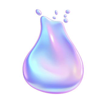 Shiny, iridescent liquid droplet with smooth, glossy surface and small droplets above it, resembling futuristic or digital design. colors blend in gradient of blue, pink, and purple hues png