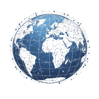 Digital illustration of blue globe with interconnected lines and nodes, representing global communication and connectivity. continents are visible, emphasizing networked world png