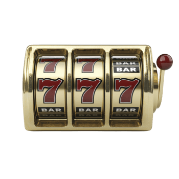 Golden slot machine with three reels displays winning combination of red sevens and bars, symbolizing luck and excitement in gambling png