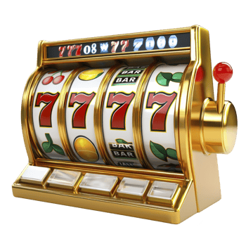 Golden slot machine with lever and spinning reels displays winning combination of sevens, cherries, and bars, evoking excitement and luck png