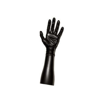 Black rubber glove is shown, designed for protection and durability. It extends to forearm, providing coverage for various tasks. glove sleek design is both functional and stylish png