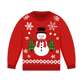 Festive red sweater featuring cheerful snowman with top hat and scarf, surrounded by snowflakes and Christmas trees, perfect for holiday celebrations png