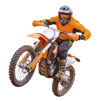 Motocross rider in orange outfit performs jump on dirt bike, showcasing skill and excitement. rider wears protective gear, including helmet and goggles, emphasizing safety in sport png