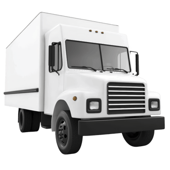 White delivery truck with boxy design is shown, featuring large cargo area and sturdy build. vehicle is designed for transporting goods efficiently png