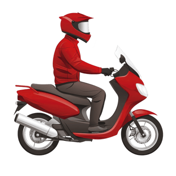 Person wearing red helmet and jacket rides red scooter, showcasing safety gear and modern transportation. scooter features sleek design with visible wheels and exhaust png